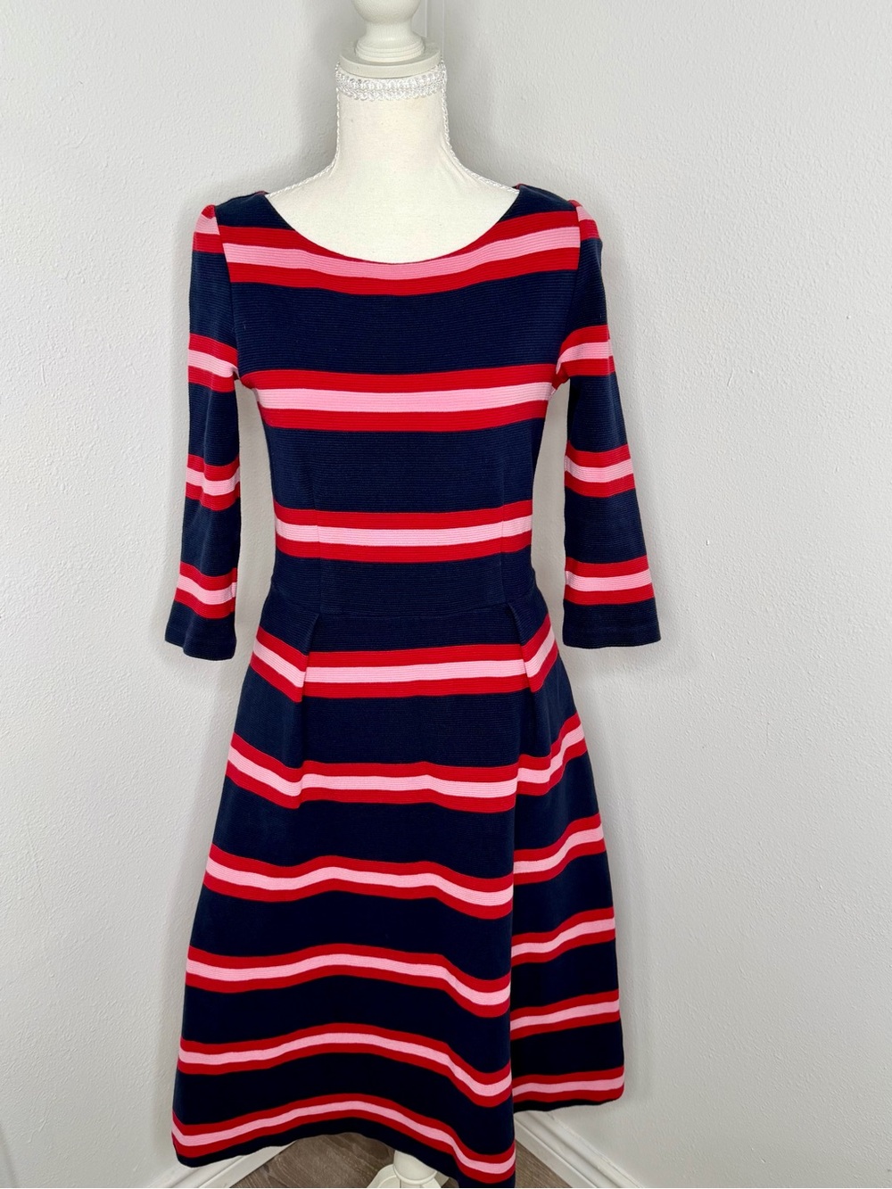 Boden Alma Ottoman Striped 3/4 Sleeve Fit & Flare Midi Dress Size 6R